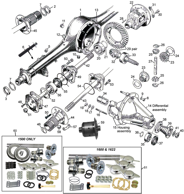 Image for Rear axle assembly & differential. Wire wheel conversion kits
